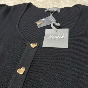 Women’s Marled heart gold button solid black sweater/cardigan small
